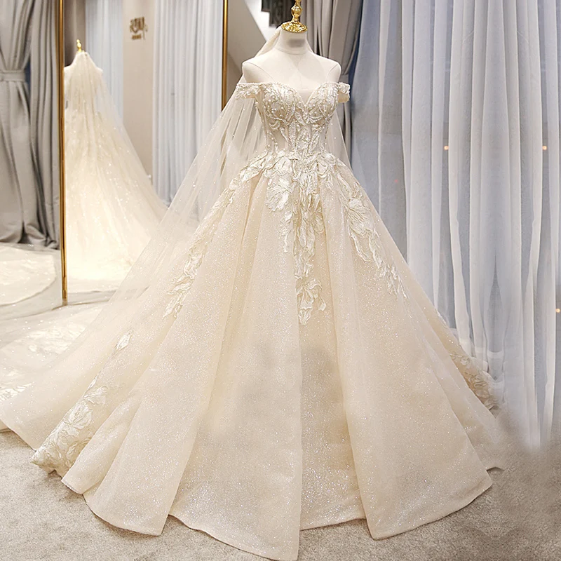 

princess lace wedding dress 2020 with bling and cathedral train boat neck wedding-dress real photo plus size vestido de noiva