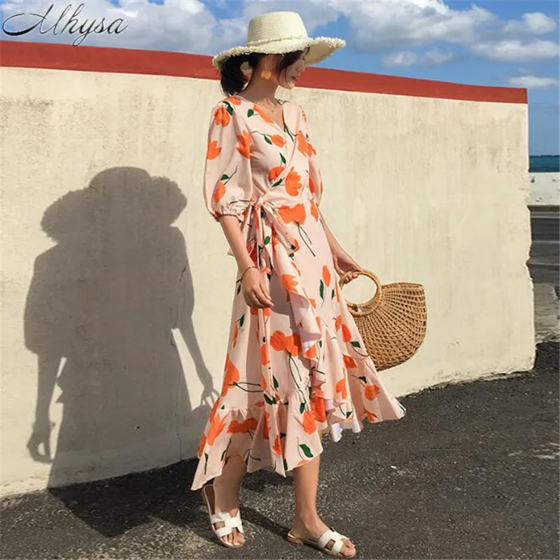 Mhysa 2019 Summer new holiday style ladies high waist retro print V-neck short sleeve irregular ruffled seaside beach dress Y049 | Женская