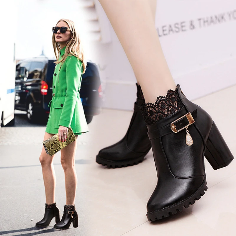 Осень/Новинка зимы Повседневное черный/красный лодыжки Кружево Для женщин