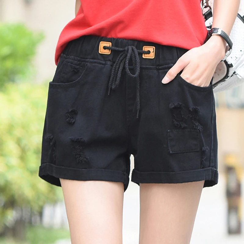 Шорты женские джинсовые эластичные с завышенной талией свободные дырками и