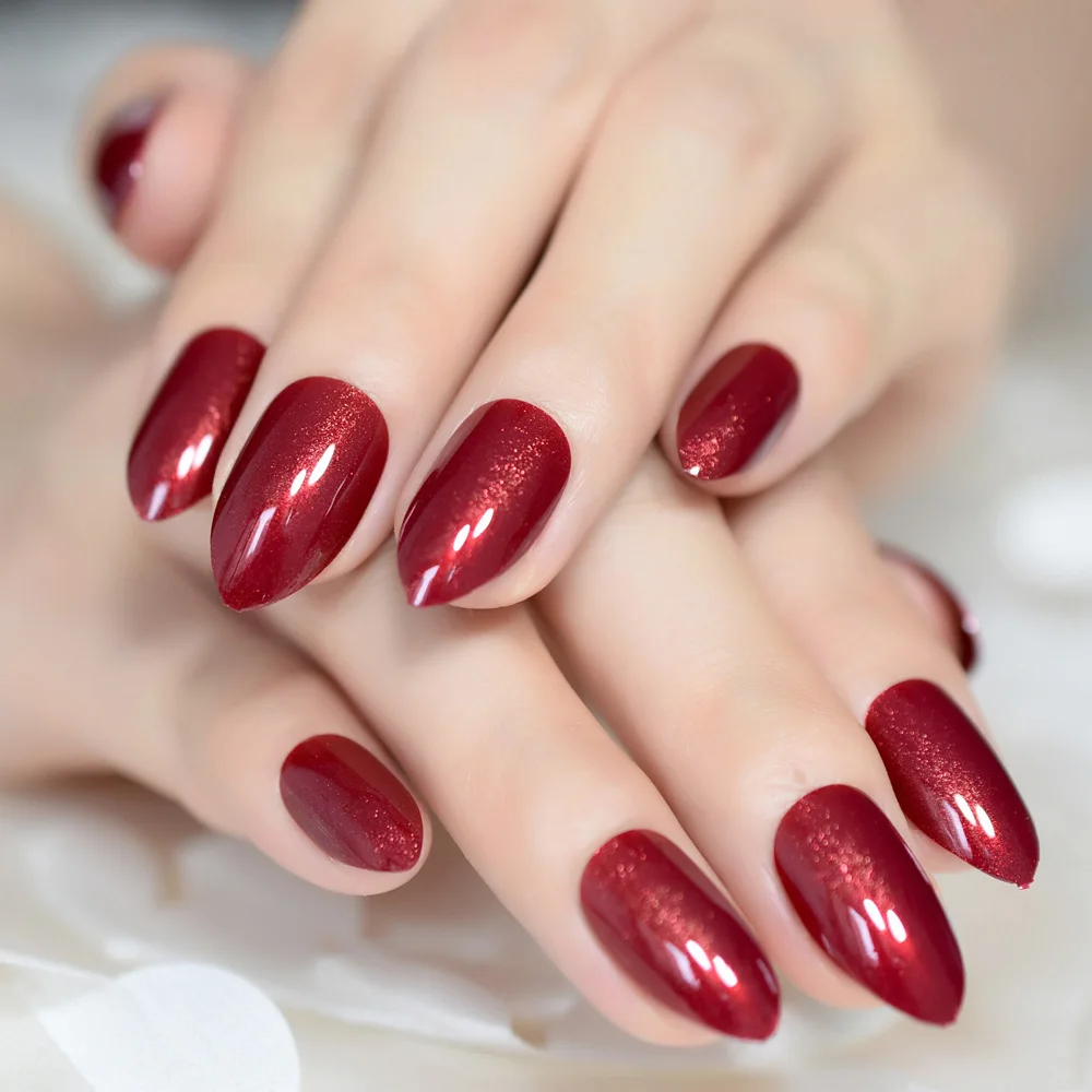 

Claret-red False Nails Almond Oval Stiletto Sharp Shimmer Burgundy Red Fake Nail Pointed Full Cover Gel Wear Nep Nagels