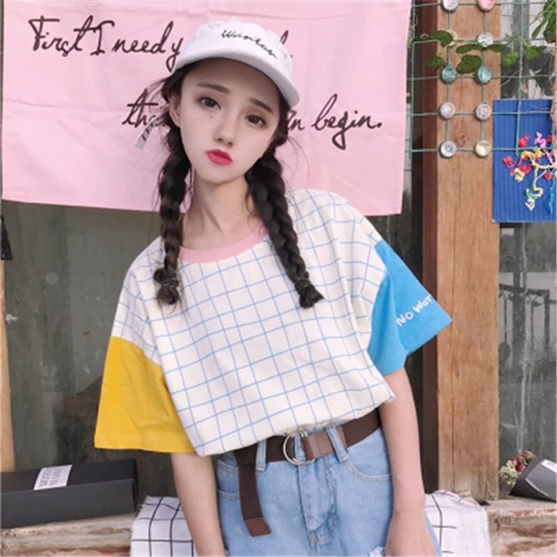 

Женская свободная футболка Harajuku Kawaii, клетчатая футболка с короткими рукавами и прострочкой на лето, 2019