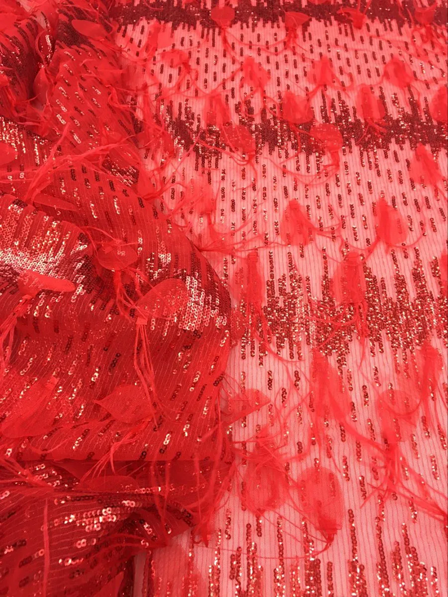 Новейшая ткань с красным пером и красными блестками ручная работа кружевная для