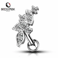 body punk 1 pc clear 5a cz leaf shape cartilage earrings stud helix flat earrings body piercing jewelry