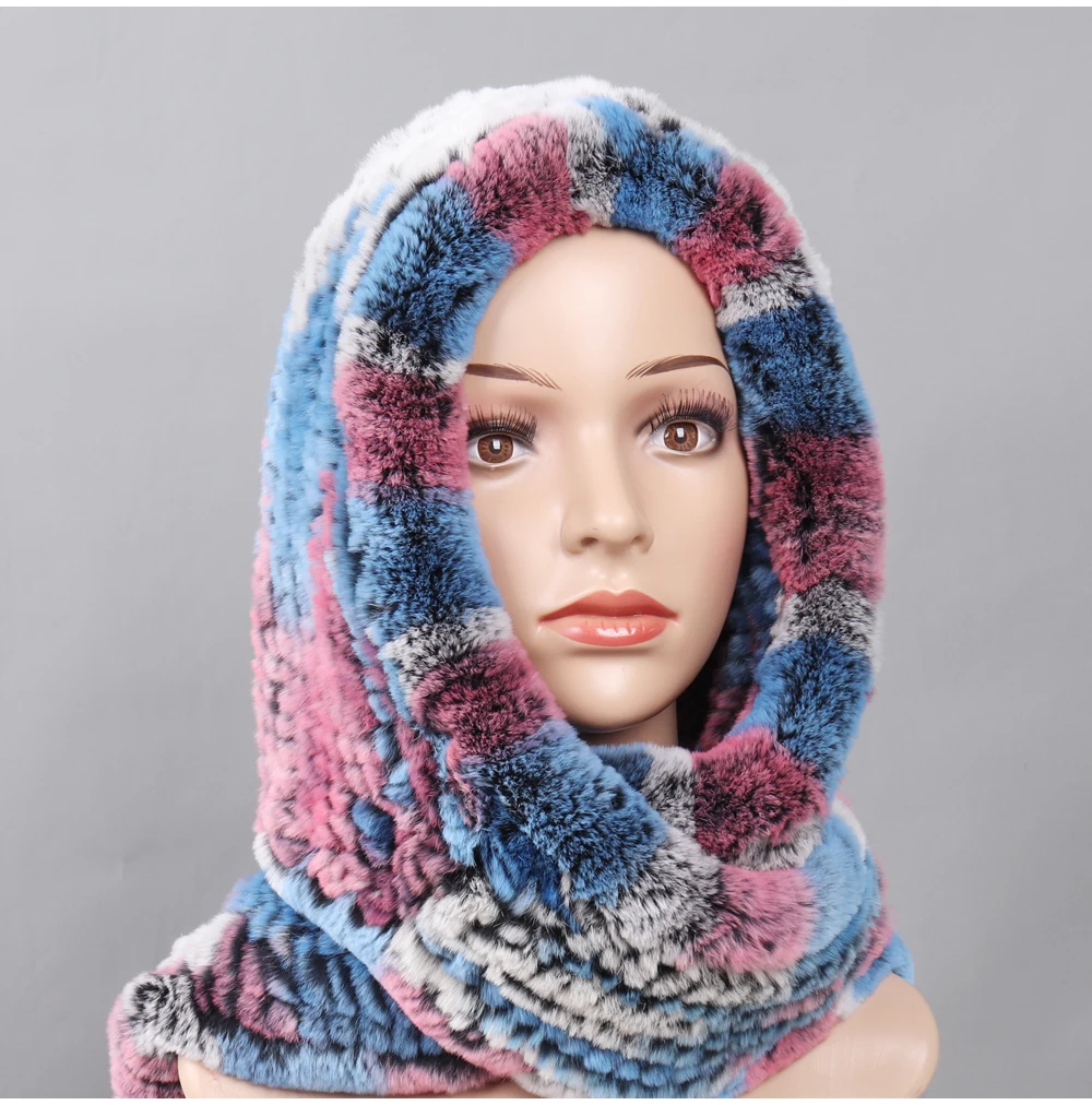 Новые русские женские шарфы с капюшоном из меха кролика рекс женские зимние теплые настоящий мех кролика шапки шарф вязаные шапки из натурального меха