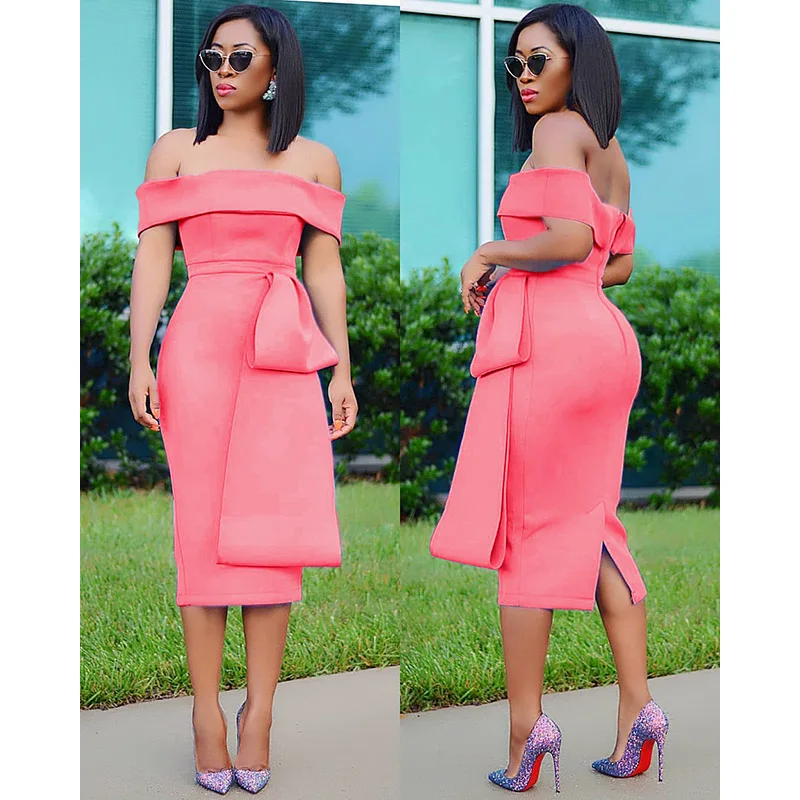 

Echoine Elegant Off Shoulder Slash Neck Backeless Bodycon Dress Front Tie Bandage Ladies Party Night Dress Vestidos