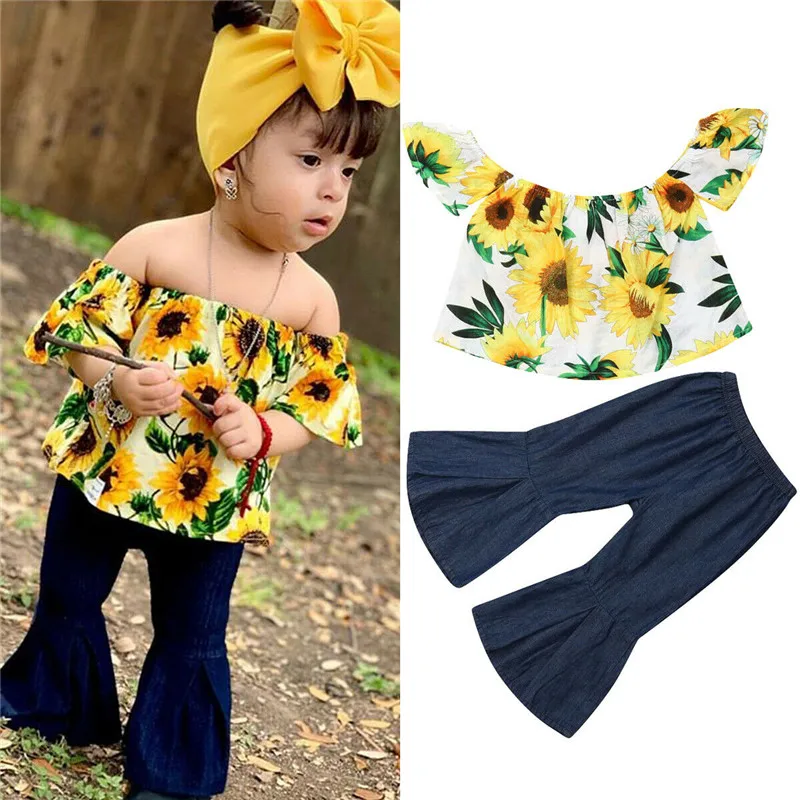 Модные летние комплекты одежды для маленьких девочек 2019 футболки с открытыми