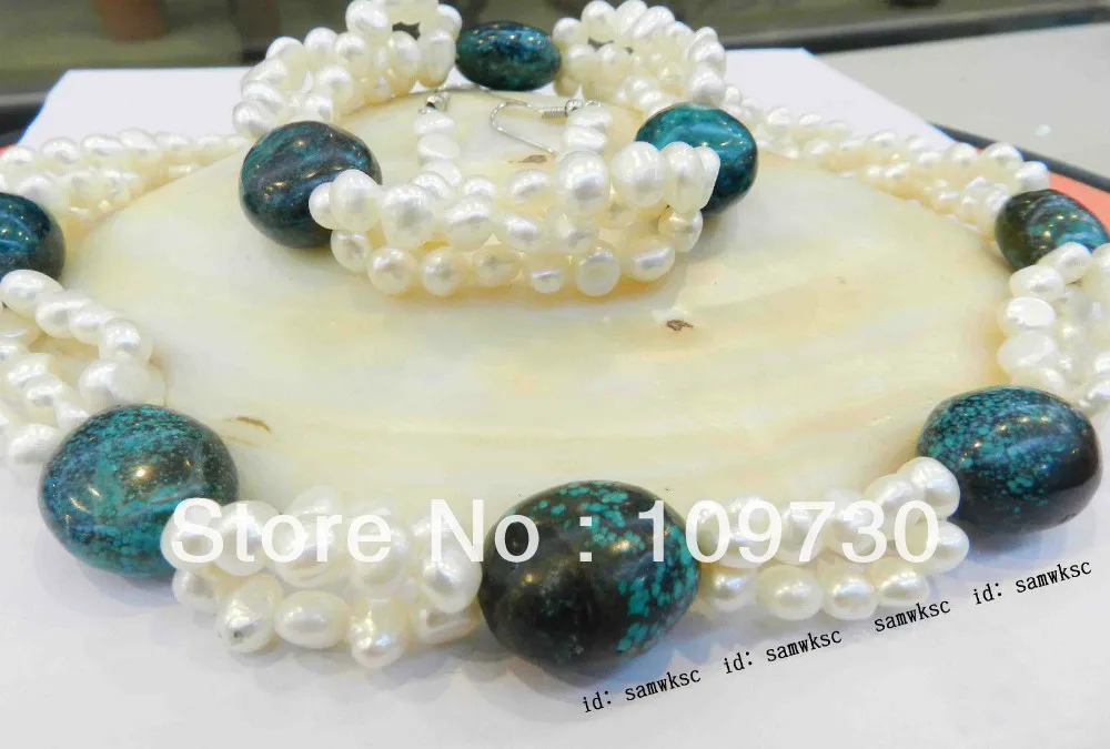 DYY Jewelry 00519 Lovely Natural Blue Turquoise &amp Really White Pearl Necklace bracelet earring set (A0423) | Украшения и