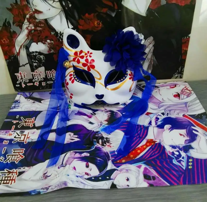 style5 Ручной росписью половина Уход за кожей лица японский лиса ПВХ Kitsune маска с шифоновым цветком ленты маскарадные карнавальные маски Косплэй Хэллоуин - Цвет: style5