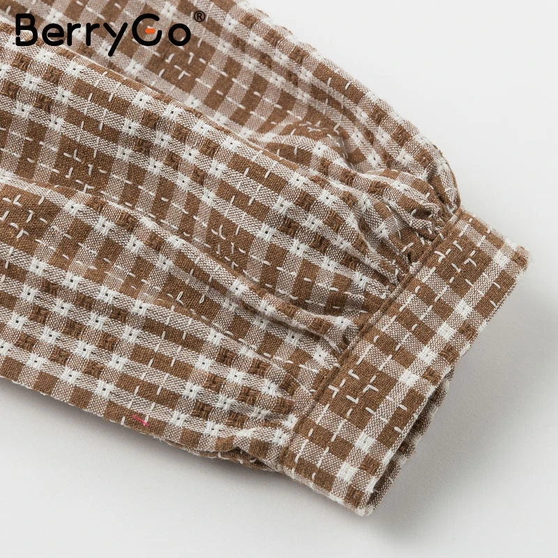 BerryGo/винтажная клетчатая женская блузка со шнуровкой, рубашка, сексуальный женский топ с открытой спиной, осенняя рубашка с пышными рукавами, большие женские блузки, рубашка