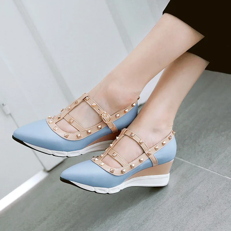 

Sexy Pointed Toe Rivet Ankle Strap Women Casual Wedge Shoes Fashion Color Block Gladiator Wedges For Women Ladies Casual Pumps