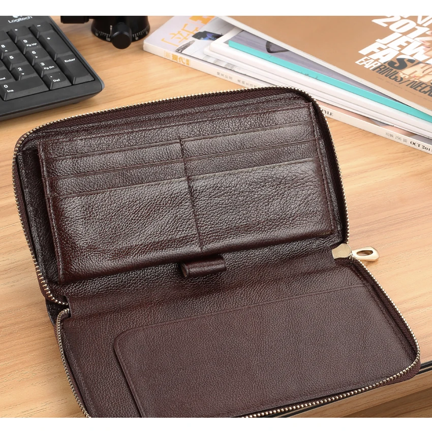 Модная мужская коричневая сумка 2016 из натуральной кожи на молнии деловой кошелек