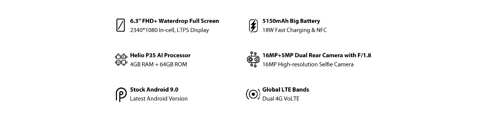 UMIDIGI power 6,3 ''экран капли воды смартфон 4 Гб 64 Гб Helio P35 Восьмиядерный Android 9,0 Dual SIM 16 МП Глобальный 4G мобильные телефоны