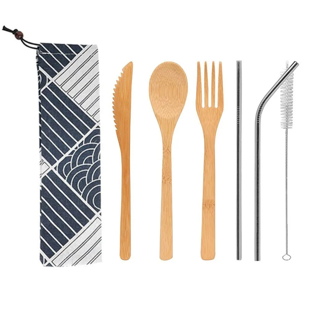 Набор посуды из нержавеющей стали деревянная ложка вилка палочки для еды солома