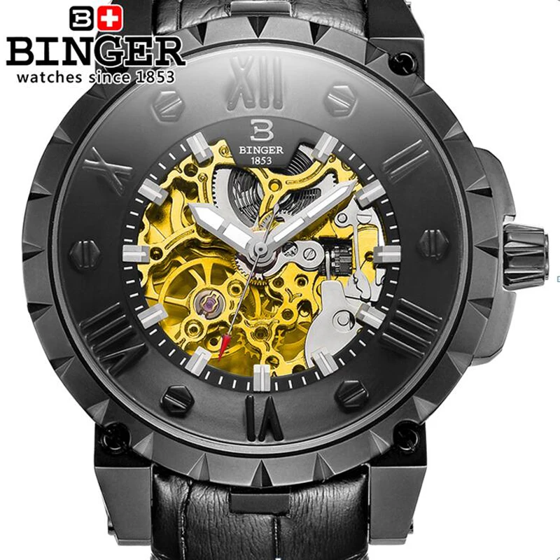 

BINGER Mens Watches Top Brand Luxury Mechanical Skeleton Watch Black Golden 3D Literal Design Roman Number Black Dial Designer