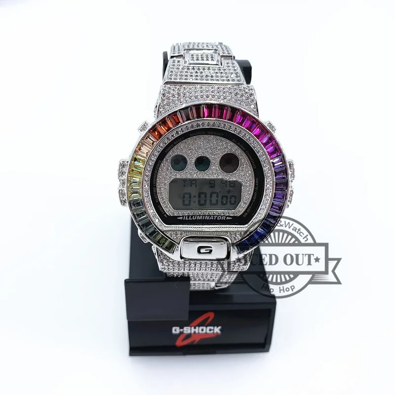 Хип хоп уличная мода посеребренный Радужный стиль g shock циферблат кнопка и