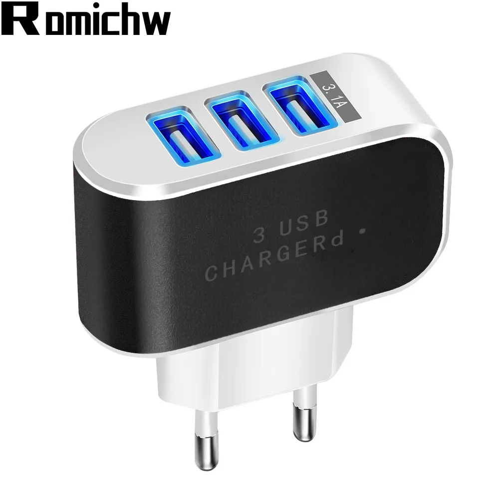 ROMICHW Универсальное зарядное устройство 5 В 3.1A USB для быстрой зарядки для iPhone X XR, зарядное устройство для мобильного телефона, 3 порта, зарядное устройство ЕС, адаптер питания для путешествий