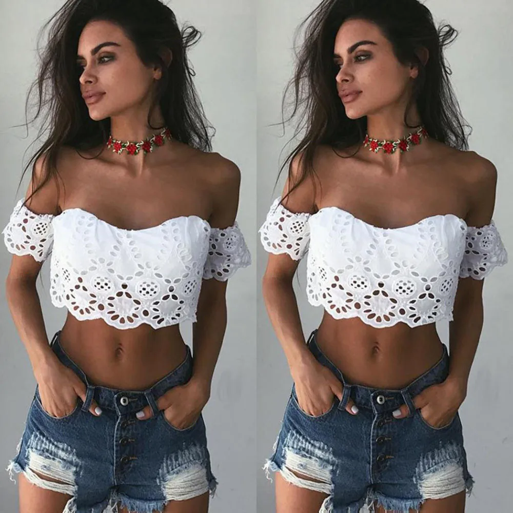 Женская белая рубашка 2020 модная летняя кружевная Укороченная с открытыми
