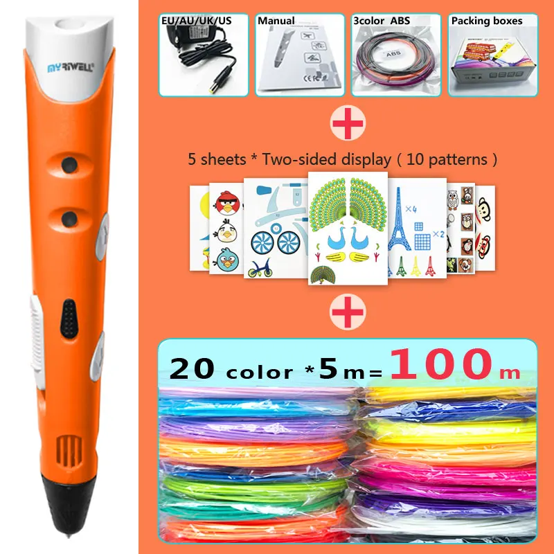 Orange pen Package 3 Myriwell 3d Ручка 3d ручки, 1,75 мм ABS/PLA нити, 3 d ручка SmartChild подарок на день рождения, 3d печать pen3d модель - Цвет: Orange pen Package 3