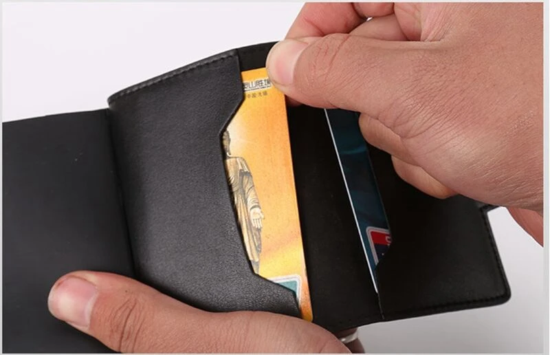 Фирменная новинка из металла Для мужчин кредитной держатель для карт s RFID на две карты держатель мода из искусственной кожи карты слайд случаев автоматические мини-кошелек