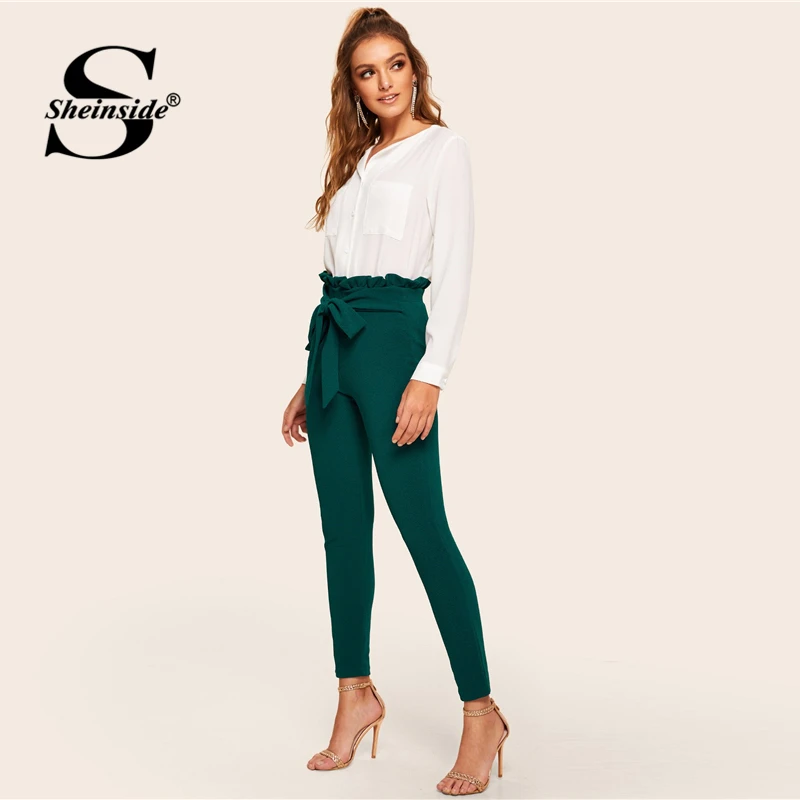 Sheinside, бумажный мешок, талия, одноцветные, обтягивающие брюки для женщин, весна, высокая талия, с поясом, укороченные, повседневные женские брюки, штаны с эластичной талией