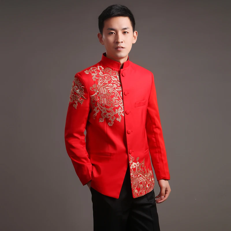 Современный Cheongsam Топ Vestido Восточный традиционный Жених Qipao Красная Вышивка Китайская одежда мужская туника костюм традиционный Chinois