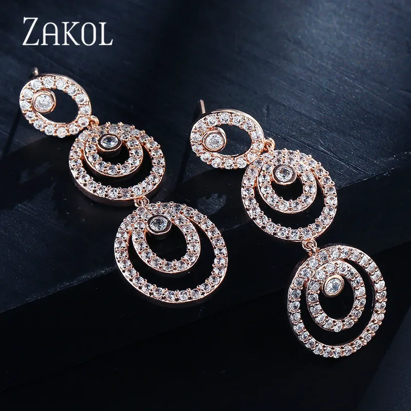 ZAKOL Роскошные 3 шт. круглые Многослойные CZ циркония длинные висячие женские