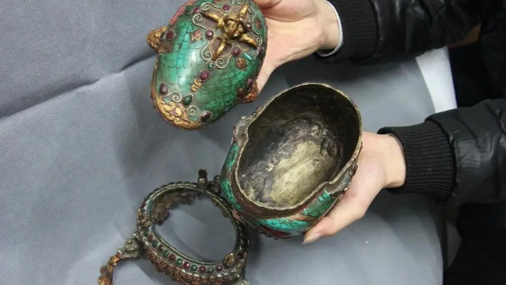 10 Tibet Buddhism Copper Bronze Gilt inlay turquoise Ruby beryl kapala skull cup | Дом и сад