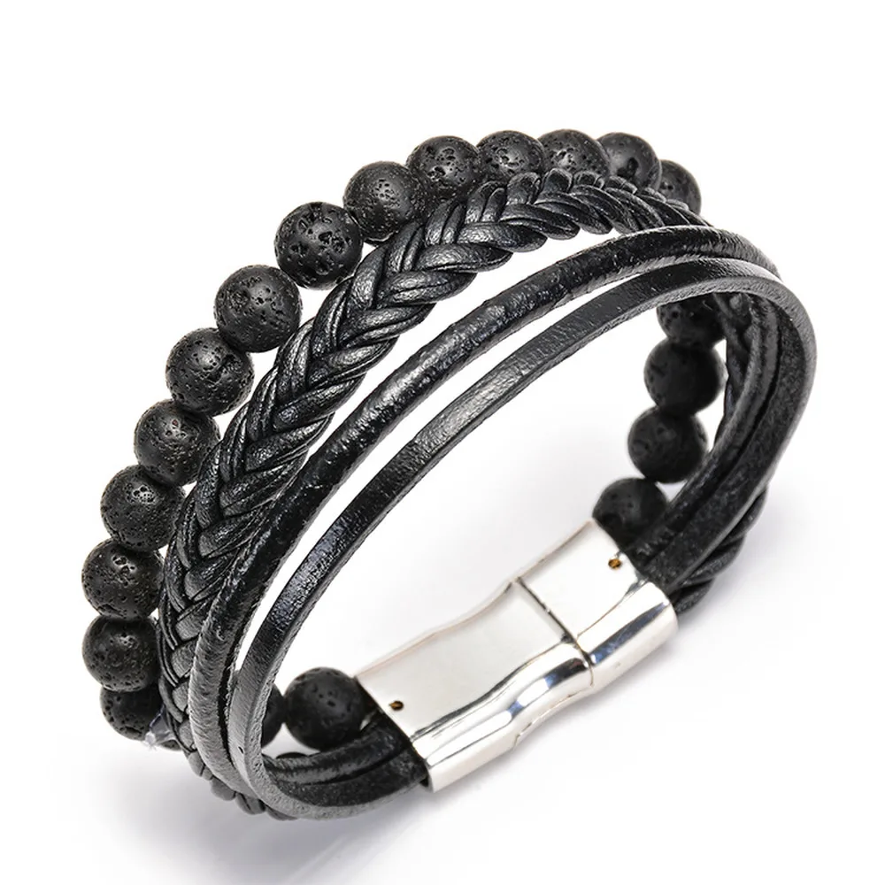 Мужской кожаный браслет ASHMITA черный из семи чакр подарок для молодых мужчин