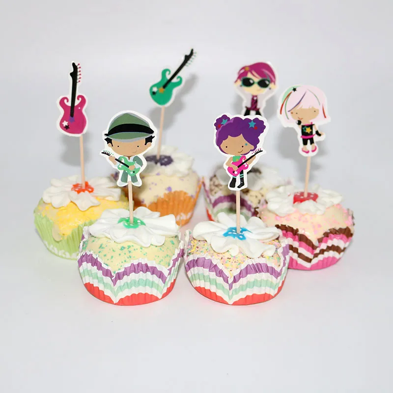 24Pcs Guitar Bass Rock Boy And Girl Cupcake Toppers Cartoon Cake Decorations For Wedding Kids Birthday Party Supplies | Дом и сад