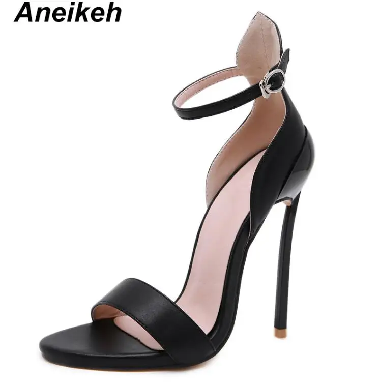 Black Aneikeh/ г. Летние классические сандалии из ПУ; женские босоножки на тонком высоком каблуке с закрытой пяткой; модельные туфли с пряжкой на ремешке; свадебные туфли черного цвета; Размеры 35-42 - Цвет: Black