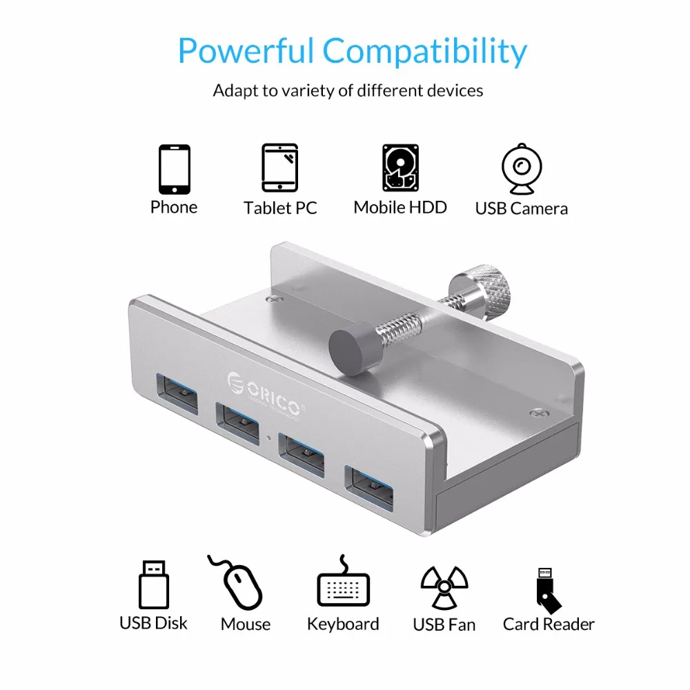 ORICO MH4PU Алюминий 4 Порты USB 3 0 Clip-тип хаб для рабочего ноутбука клип диапазон 10-32 мм