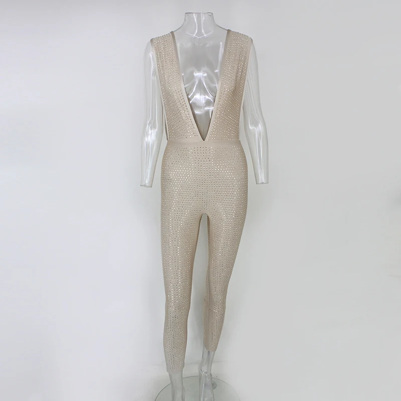 Khaki PFFLOOK, женский комбинезон,, летний, спереди, v-образный вырез, дизайн, бандаж, комбинезон, длинный, комбинезон, без рукавов, бодикон, боди, сексуальная клубная одежда - Цвет: Khaki