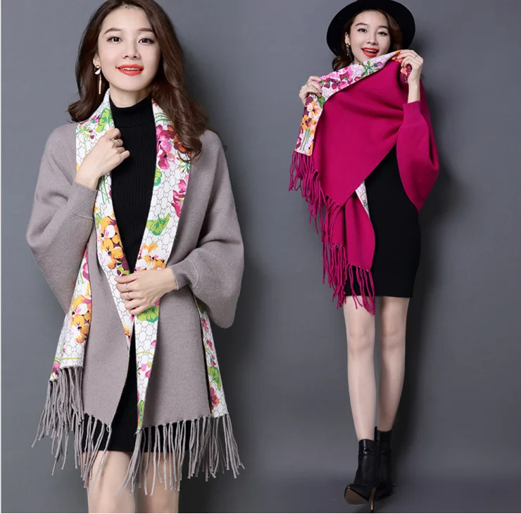 

9908 autumn and winter women's Shawl new printed double-sided cape printed Cashmere Thickened Tassel Shawl Sweater Cloak