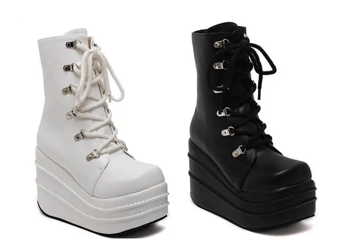 Botas Mujer Plataforma/ г. Зимние женские ботинки белые ботинки на высокой танкетке в стиле панк ботинки на платформе со шнуровкой Размеры 35-43