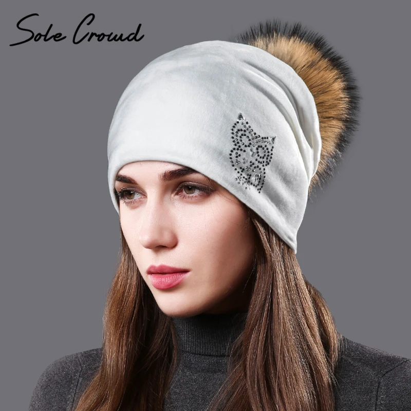 Женские зимние теплые шапки с рисунком совы натуральным мехом енота помпоном