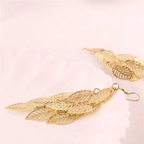 Длинные dangly букле d'oreille выдалбливать женские листьев золотые серьги