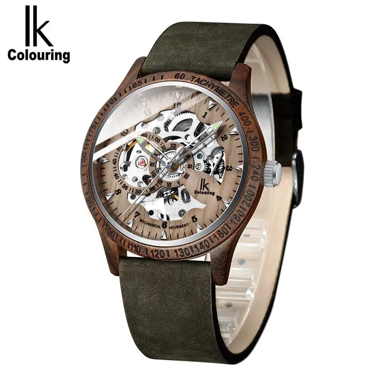 

Wood Watch IK Colouring Skeleton Auto Mechanical Male Relogio Men Watch Fashion Casual Wooden Case Crazy Horse Leather Strap