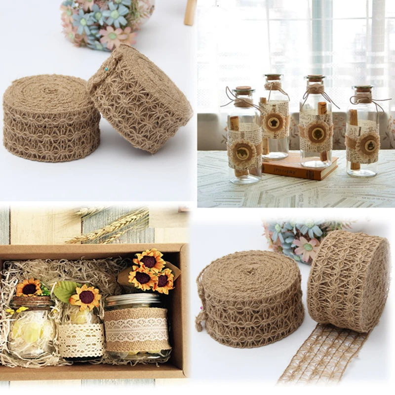

2m/Roll Wide 7cm Hollow Design Natural Hessian Jute Twine Burlap Ribbon Christmas Home DIY Decoration Rustic Wedding Decor