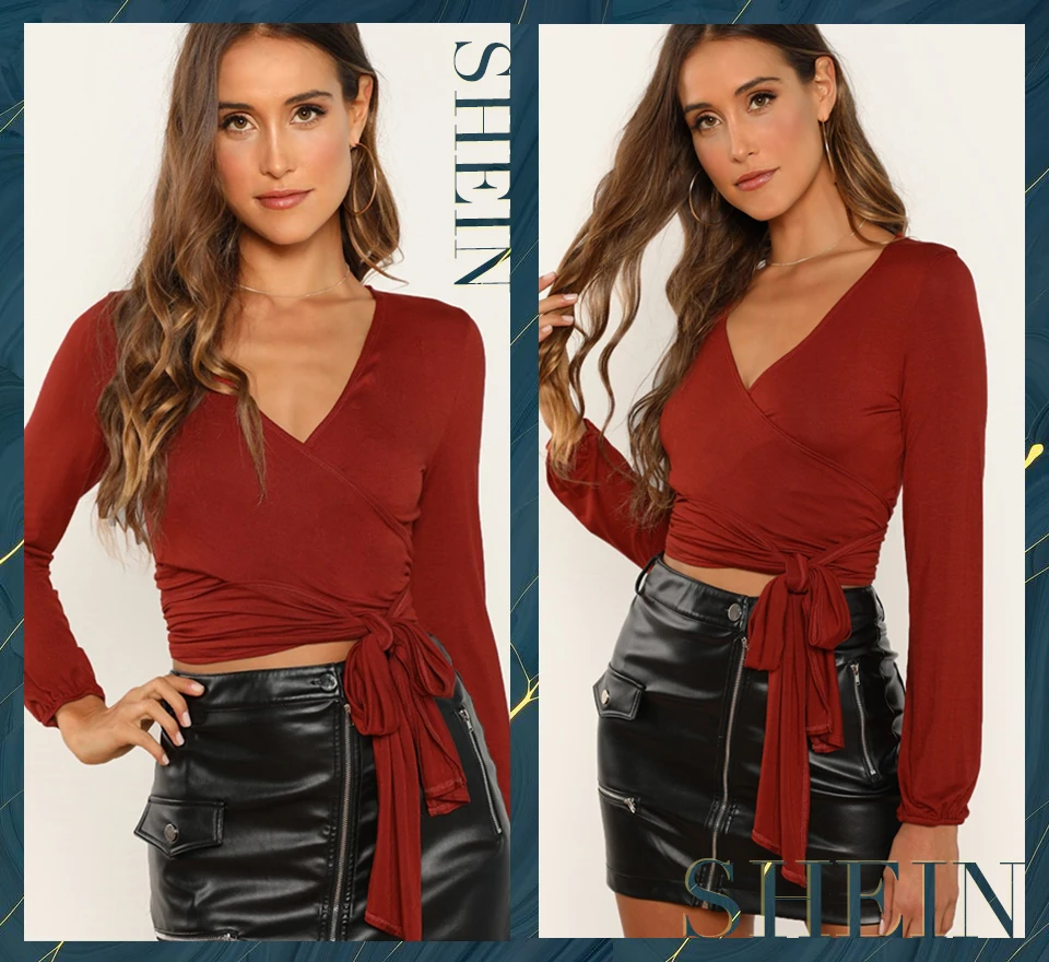 SHEIN Короткая Блузка С Глубоким V-Образным Вырезом Женские Богемные Блузки С Длинными Рукавами И Поясом