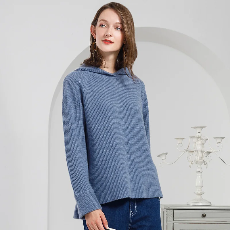 Женский свободный трикотажный джемпер из 100% кашемира с капюшоном и длинными