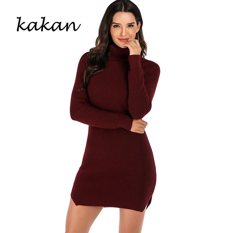 

Kakan Lapel solid color sexy knit sweater dress autumn and winter new women's long-sleeved sweater dress Slim wine red dress