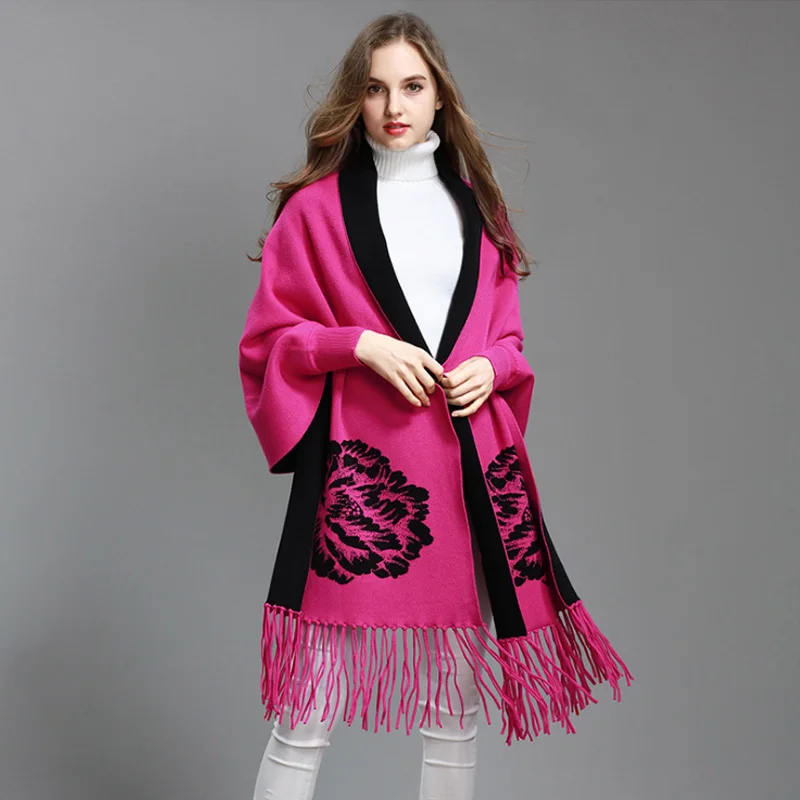 FXFURS модное женское осенне зимнее Вязаное пончо с кисточками кардиган рукавами