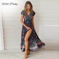 wildpinky floral print boho maxi dress sexy deep v neck women summer new elegant beach dresses casual front split long vestidos