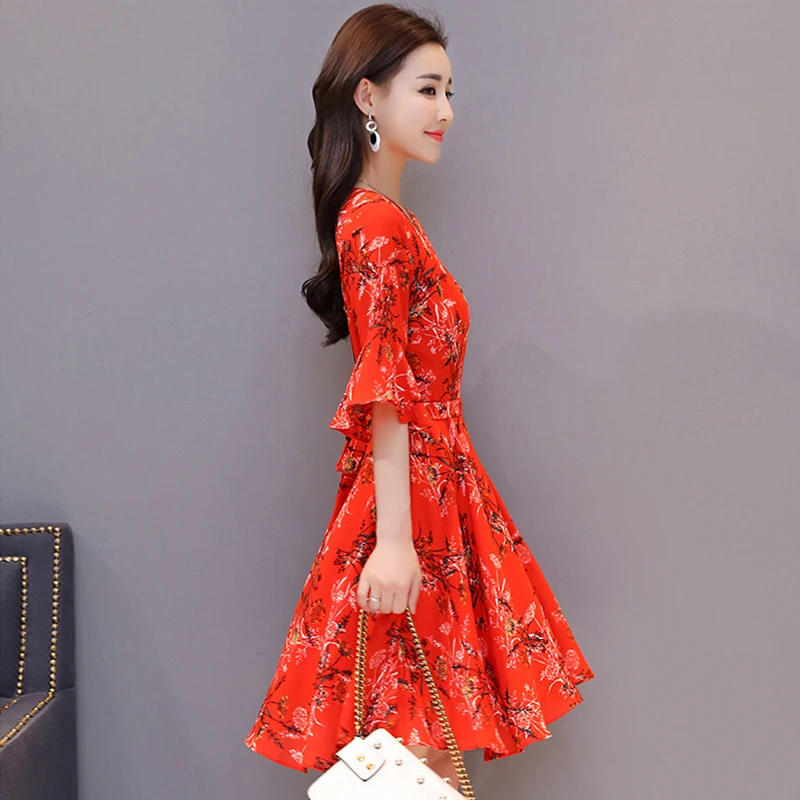 Женское шифоновое платье миди с высокой талией V образным вырезом и рукавами