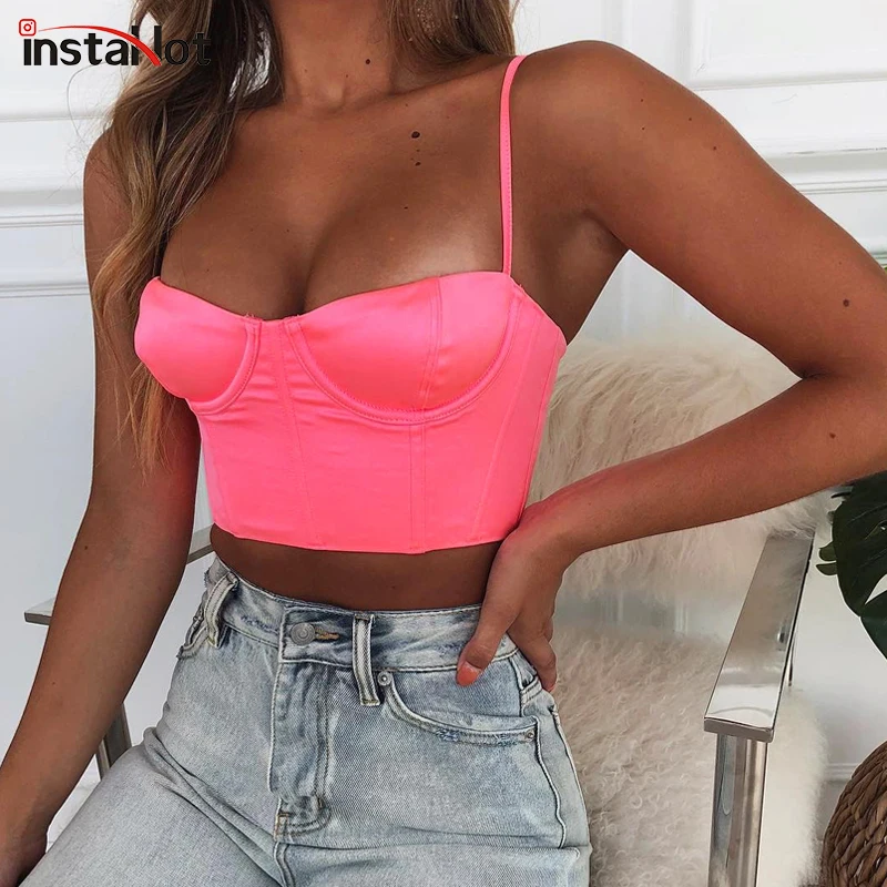 InstaHot, атласные однотонные базовые Топы на тонких бретелях, женские блестящие топы без рукавов с низким вырезом, бюстье, укороченные топы, женская сексуальная клубная одежда, 3 цвета, бюстгальтер