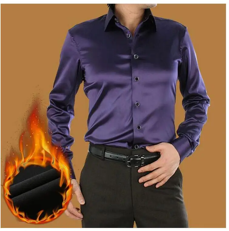 Мужская шелковая рубашка с длинным рукавом темно синяя утепленная под смокинг в