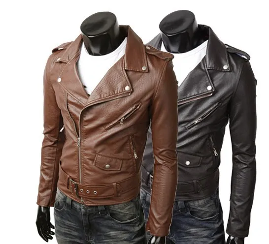 new men's motorcycle pu Leather Jackets Coat Outerwear Slim Oblique zipper mens jackets brown 2776|jacket color|jacket diamondjacket running |