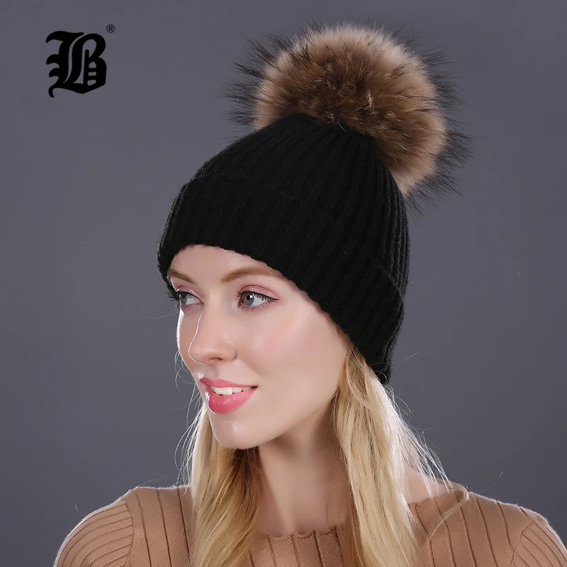 [Flb] зимняя шапка реального норки помпонами женские шляпы девушки шерсть вязаные