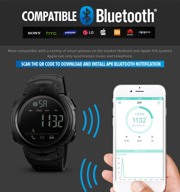 SKMEI Смарт часы для женщин и мужчин Bluetooth калорий шагомер спортивные часы Удаленная Камера многофункциональные цифровые наручные часы 1301